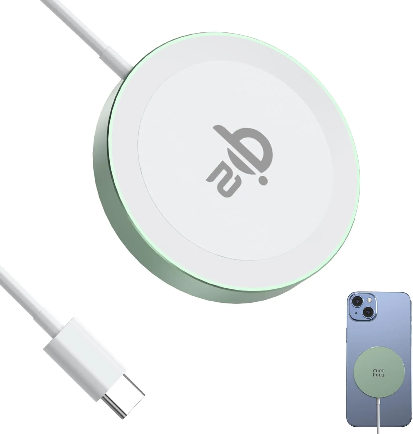 Minthouz Qi2 Magnetic Wireless Charger, Minthouz 15W Fast Charging iPhone Wireless Charger: MT-CW105 - Green/20W Adapter