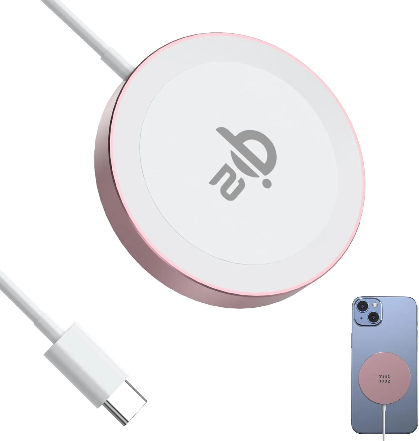 Minthouz Qi2 Magnetic Wireless Charger, Minthouz 15W Fast Charging iPhone Wireless Charger: MT-CW105 - Pink/20W Adapter