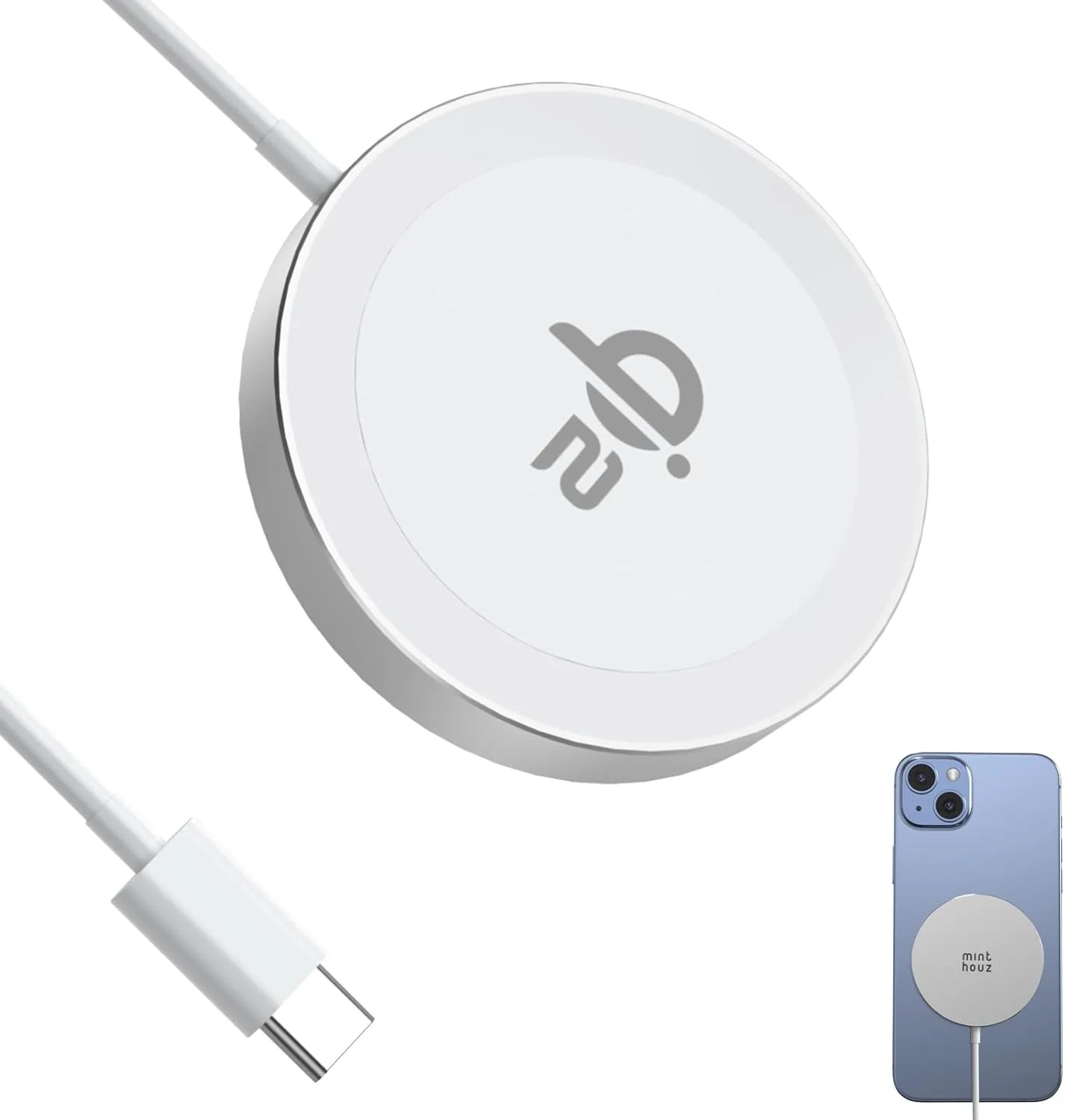 Minthouz Qi2 Magnetic Wireless Charger, Minthouz 15W Fast Charging iPhone Wireless Charger: MT-CW105 - Silver/No Adapter